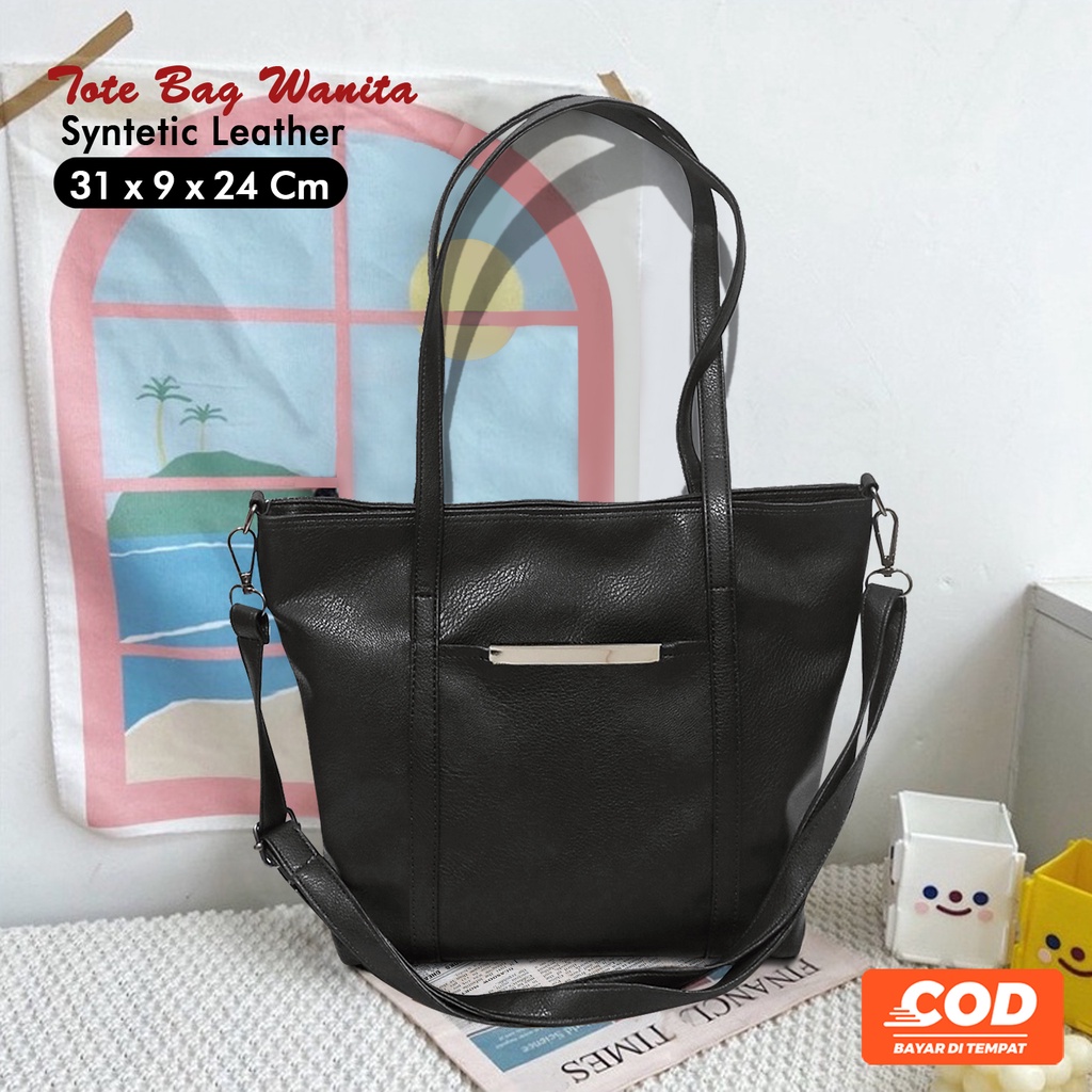 Tote bag wanita bahan kulit sintetis tali panjang penutup resleting