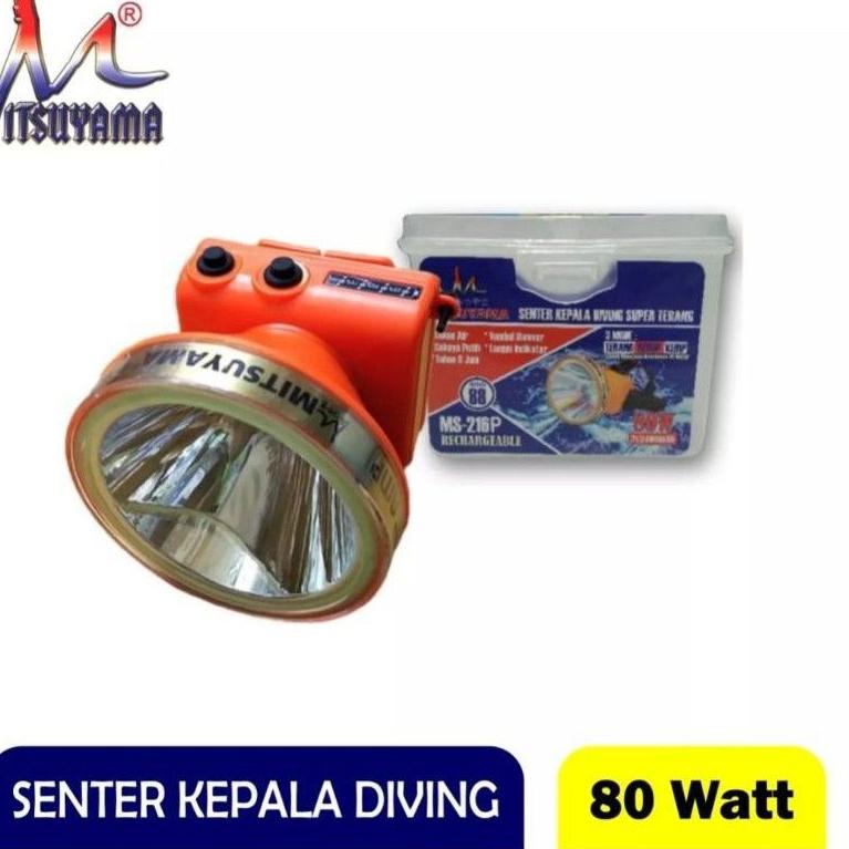 ︽ Senter Kepala Cas Mitsuyama 80 Watt MS-216 Senter LED Super Terang Jarak Jauh /Senter Selam Diving