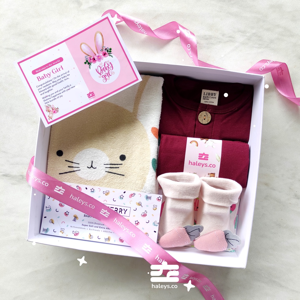 Haleys.co | Baby Hampers Ruby Little Terry  Paket Kado Baby Girl 0-12 month | Kado Lahiran Premium | Baby Gift Box |  Kado Bayi | Hampers Baby Girl | Hampers Bayi Perempuan  VARIAN LIBBY MAROON RUBY + TOWEL LITTLE TERRY ALPACA Pemberian yang terbaik untu