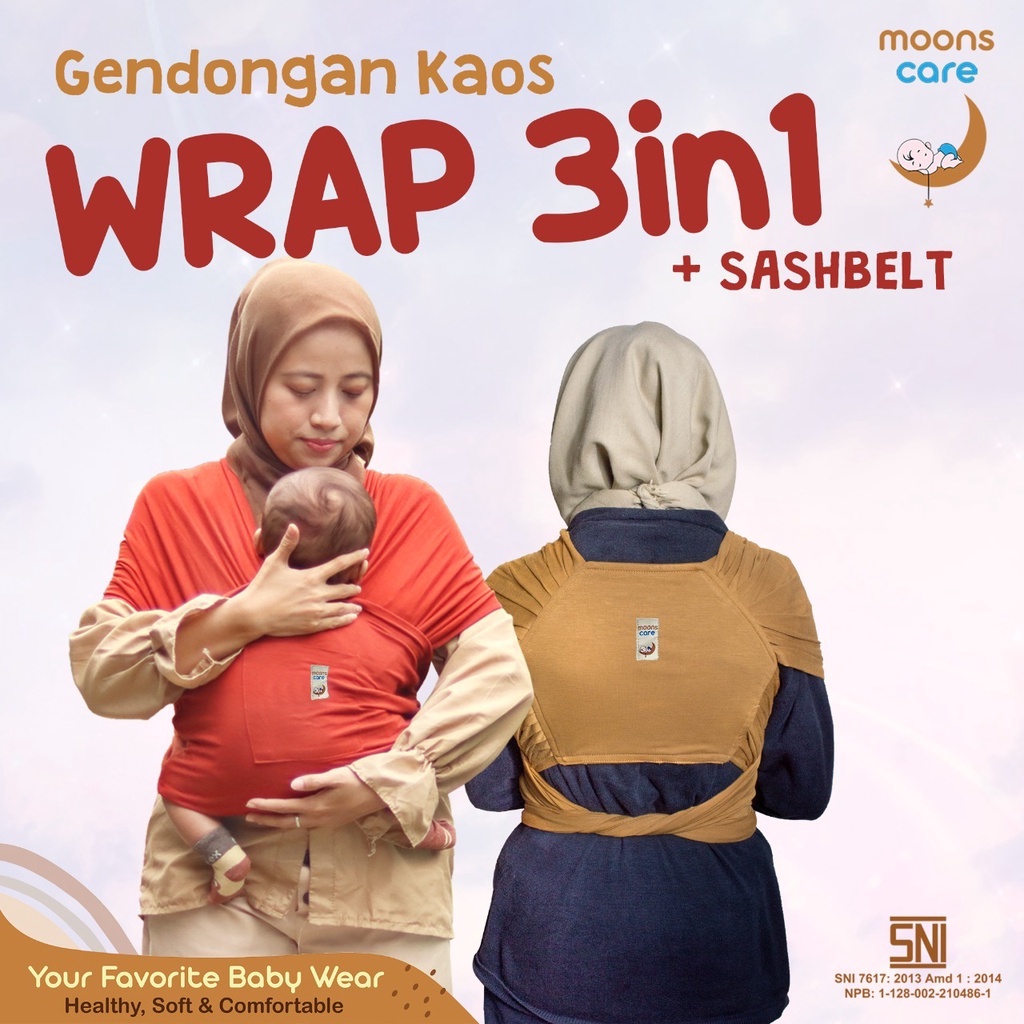 MOONS Gendongan Bayi Depan M Shape Baby Wrap 3in1 Geos wrap Baby Instan Premium with Sash Belt sabuk pengaman Geos Gendongan Kaos little hippo 2 In 1