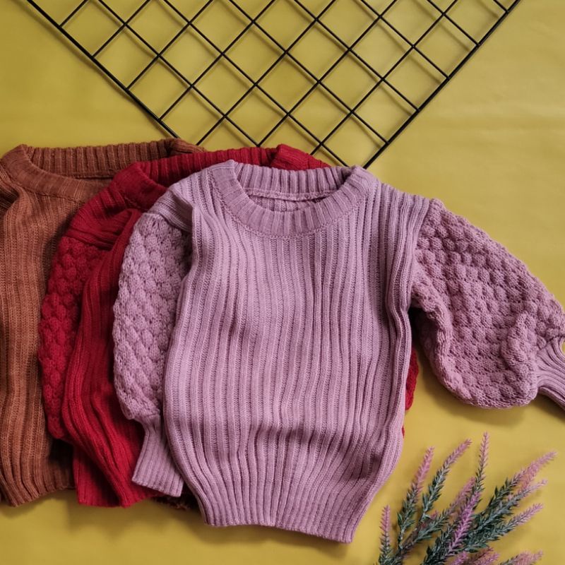 sweater rajut atasan anak perempuan lengan balon 1-3 tahun