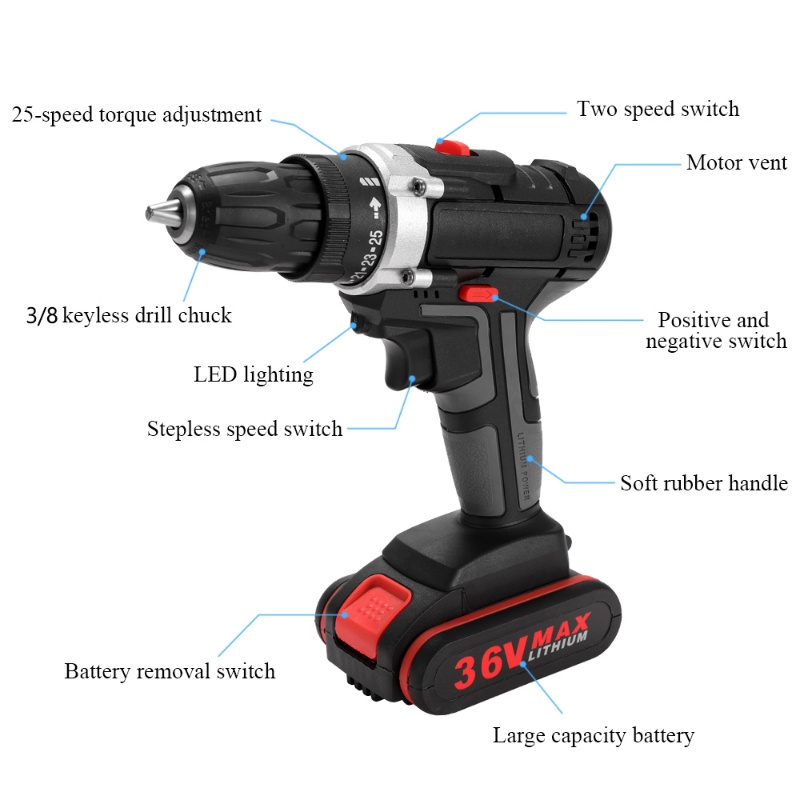 36V Mesin Bor Baterai Tangan Cordless Drill Battery impact drill Cordless Electric Drill Impact Cordless Electric Drill