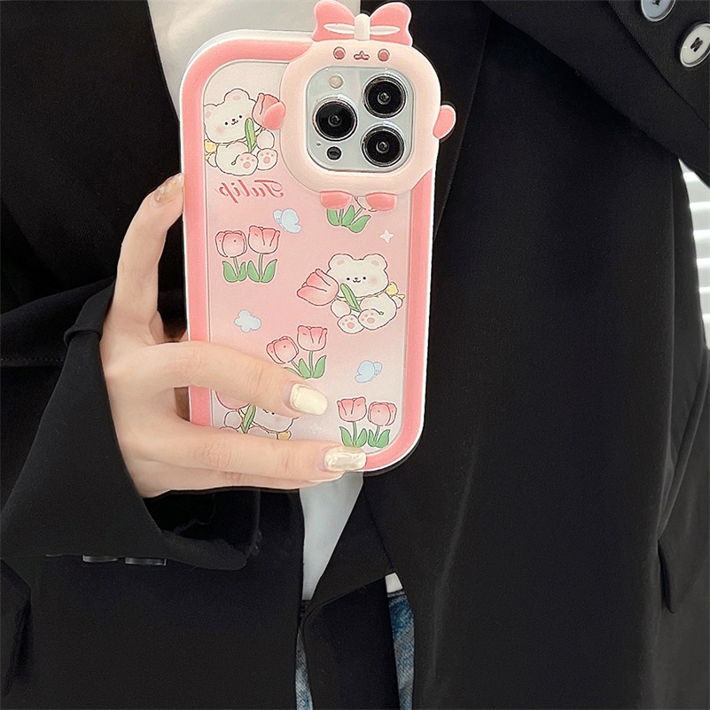 Soft Case Silikon Motif Beruang / Bunga Pink Untuk iPhone 14 13 12 11 Pro Max X Xr Xs Max 7 8 6 6s Plus