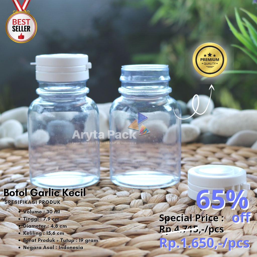 Botol plastik PVC 30kapsul 30ml garlic garlik kecil tutup dop segel - FLASH