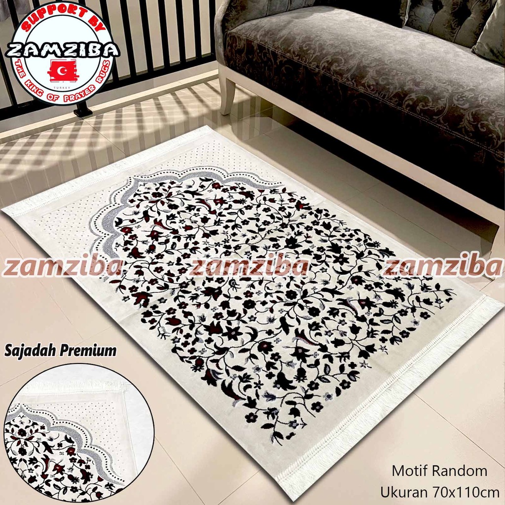 Sajadah Turki Premium Bahan Halus Warna Putih Motif Random Perlengkapan Sholat Sejadah Zamziba