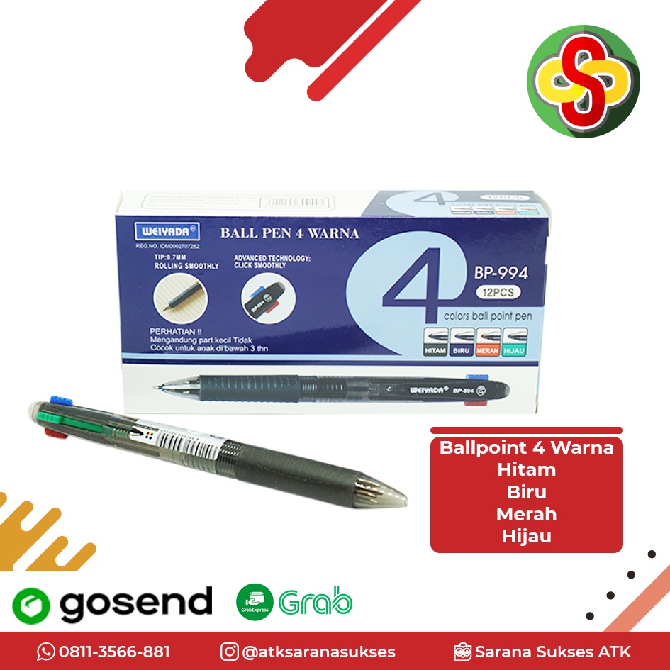 Pulpen / Ball Pen 4 Warna (Hitam, Biru, Merah, Hijau)  BP-994 Weiyada 0.7 mm