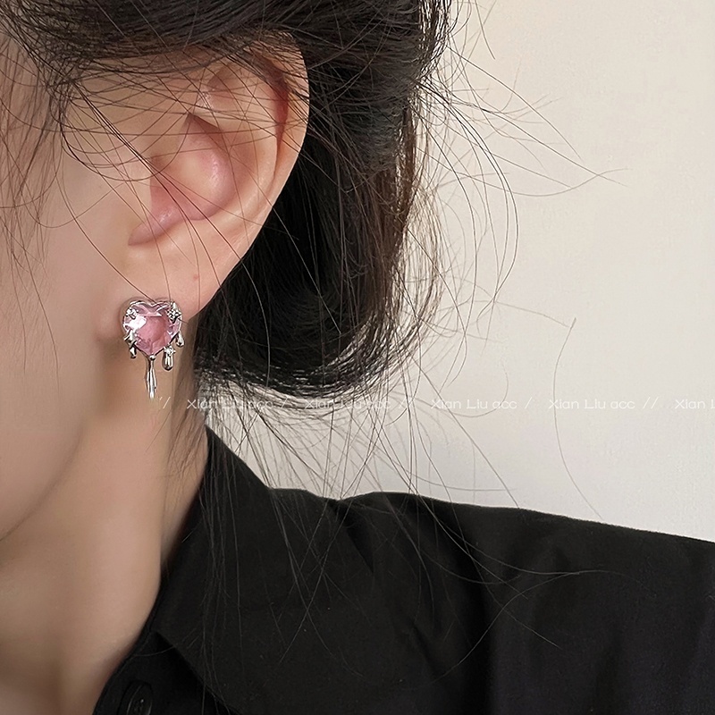 Anting Tusuk Gantung Warna Silver Hias Kuarsa Pink Untuk Wanita