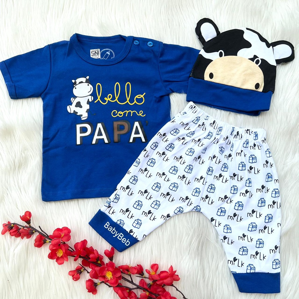 Baju setelan kaos celana topi motif sapi pergi jalan lucu fashion anak bayi cowok laki murah -pap