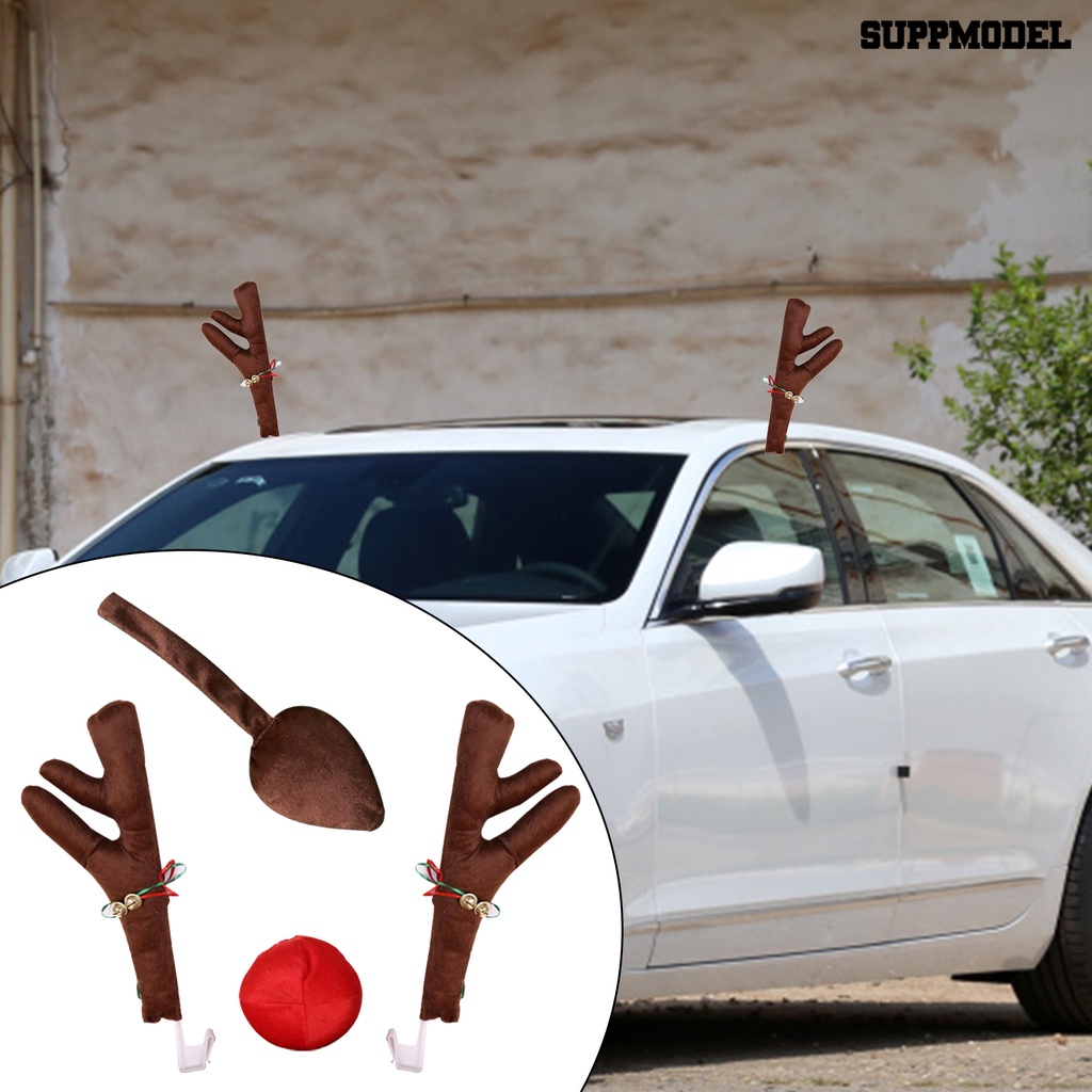 [SM] 1set Mobil Tanduk Rusa Eye-catching Vibrant Color Kain Xmas Rudolph Elk Dekorasi Kendaraan Untuk Kendaraan