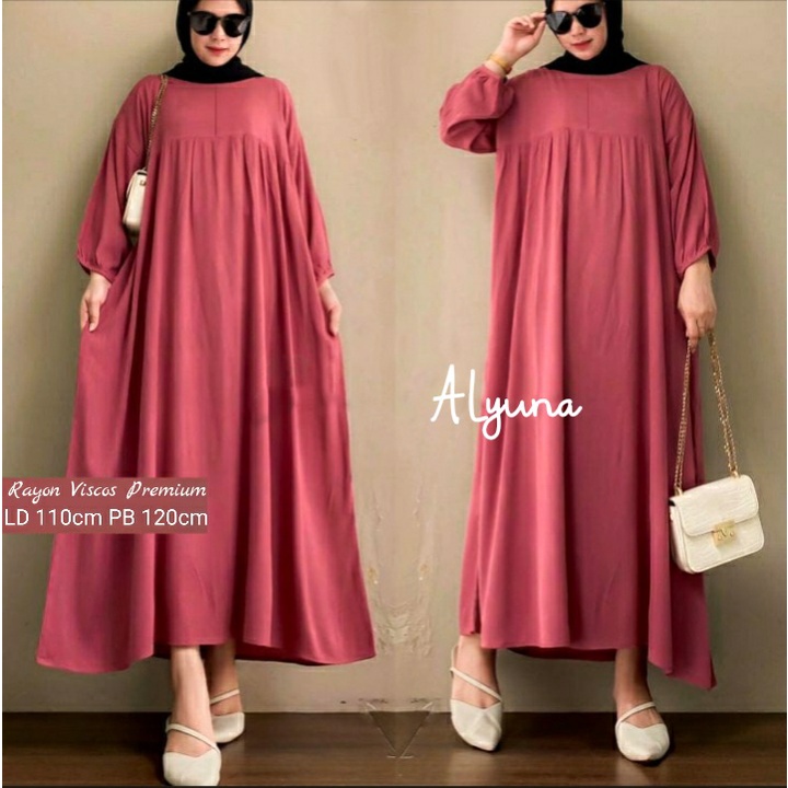 Gamis Midi Dress Polos Rayon Viscos Premium Resleting Depan Jumbo