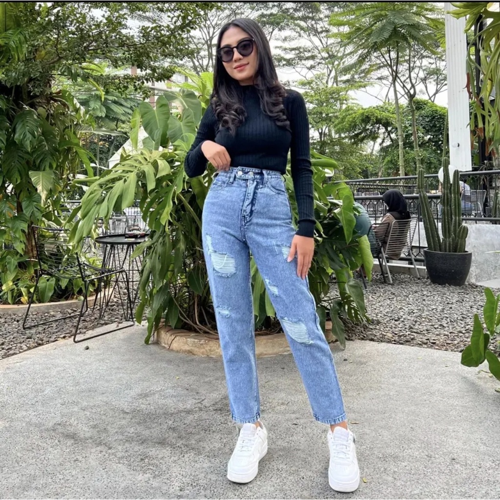 YAOSHI- Celana Denim/Jeans Wanita Pinggang Tinggi Boyfie Doble Button FERLYN