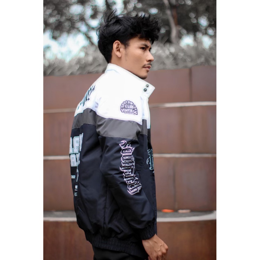 Southweek Jaket Pria Nascar Racing Vintage Sunmori Original Produk Parasut Hitam Putih Motif Sablon Bordir