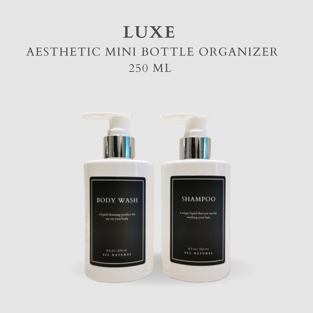 LUXE Botol MINI PUTIH Label KOTAK HITAM 250 ml Aesthetic Bottle Refill | Botol refill sabun /botol refill sabun/ botol isi ulang/botol sabun refill/botol sabun/botol pump/botol anak/bathroom organizer/bathroom amenities