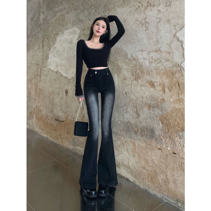 Suhao Skinny Jeans Wanita Musim Gugur 2022 Baru Micro Berkobar Mengepel Celana Pinggang Tinggi Slim Fit Lebar Kaki Celana Berkobar