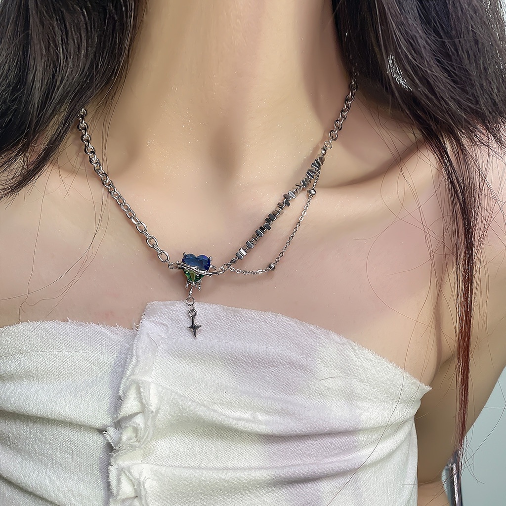 Kalung Rantai Dengan Liontin Mutiara Bentuk Hati Warna Biru Hijau Gradasi Untuk Aksesoris