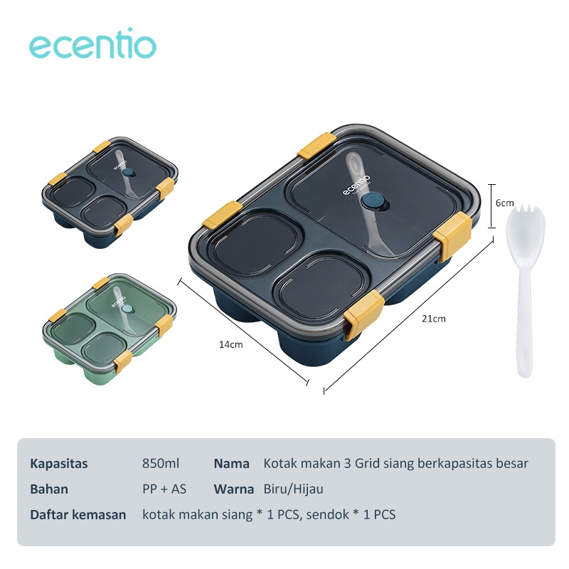 ecentio &amp; FOODI Kotak Tempat Makan set 3/4 Grid tas bekal makanan 850ml/1100ml/1300ml/1550ml kotak sup 100ml/140ml Kotak Sup/Free Sendok