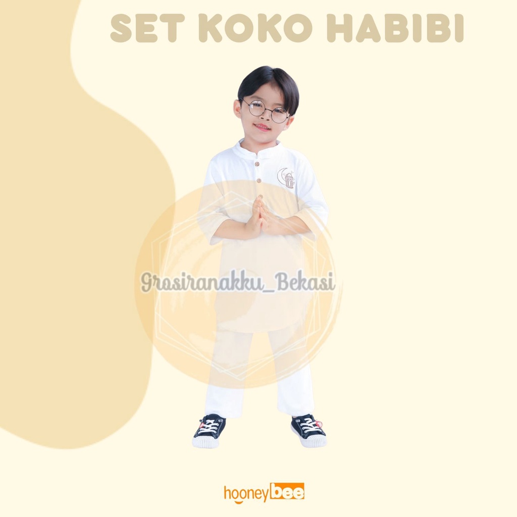 Setelan Koko Anak Habibi Junior Hooneybee  Warna Putih Size 2-10 TAHUN