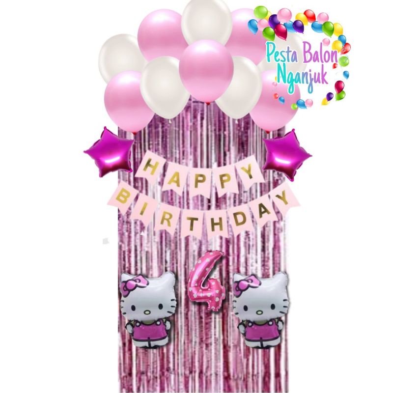 Dekorasi ulang tahun tema hello kitty minimalis pink hiasan ultah background backdrop anak cewek bun