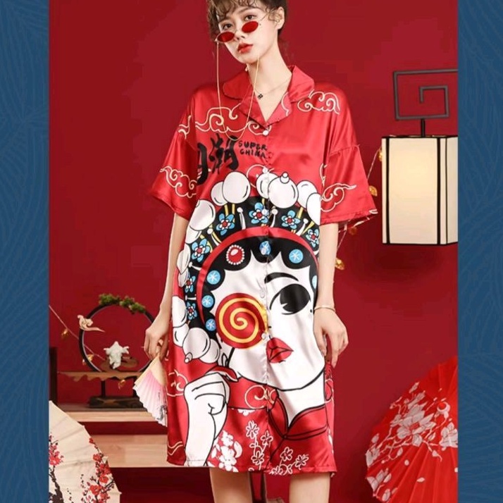 0413 Baju Pajamas dres CNY piyama baju tidur terusan Chinese new year merah hijau premium wanita imp