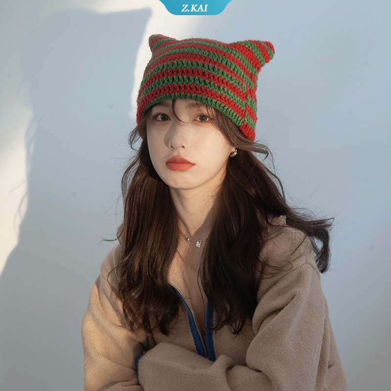 Topi Beanies Rajut Motif Garis Aksen Telinga Kucing Bahan Wol Gaya Harajuku hip-hop Untuk Wanita
