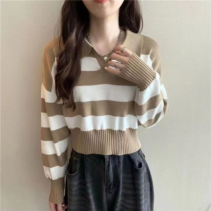 YIU YIU Rajut - Kaos Wanita Jumbo Rajut Lengan Panjang Stripe Casual Top