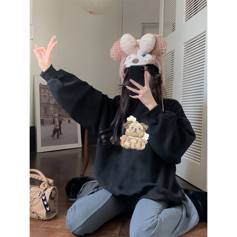 EUNII Sweater Lengan Panjang Cute Oil Painting Bear Korean Style/Hoodie Oversize/Baju Wanita/Switer Wanita