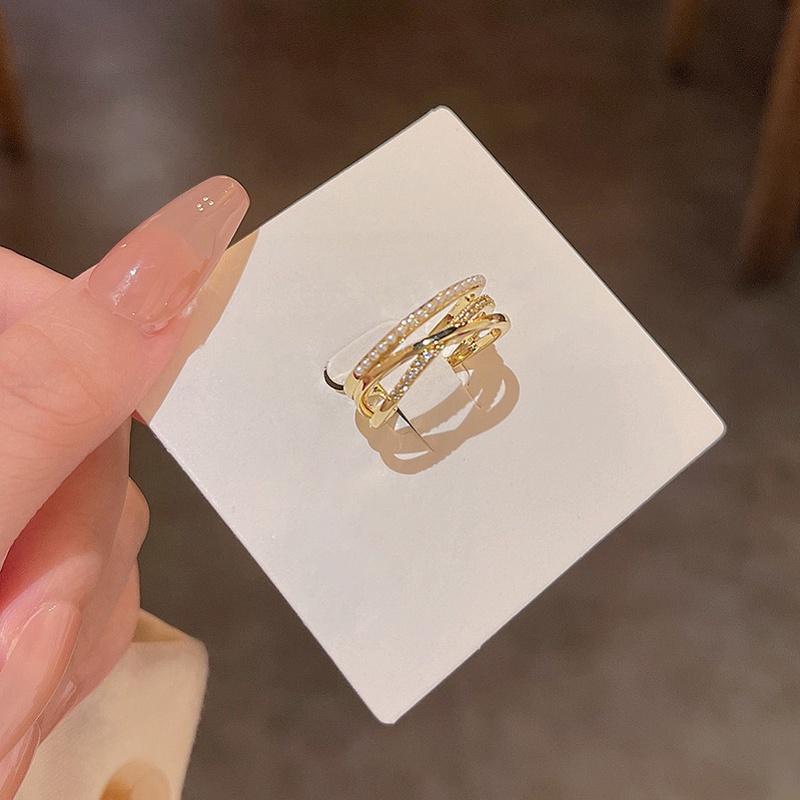 Cincin Model Terbuka Lapis Ganda Hias Mutiara Berlian Imitasi Bahan Zirkon Gaya Korea Untuk Wanita