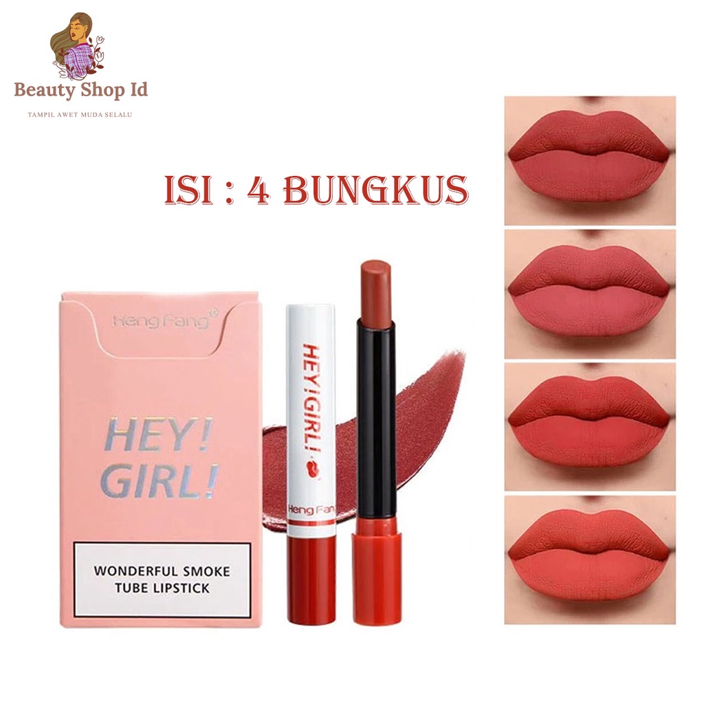 Beauty Jaya - Lipstik Hengfang Hey Girl Matte 4in1 Tahan Lama Lipstik Smoke Viral [ 1BOX ISI 4PCS ]