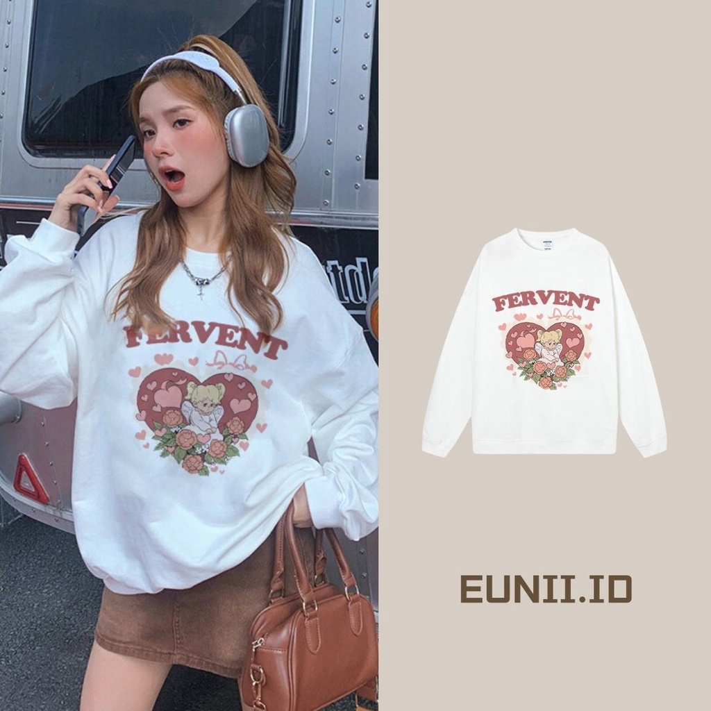 EUNII Sweater Lengan Panjang Cute Love Angel Korean Style/Hoodie Oversize/Baju Wanita/Switer Wanita