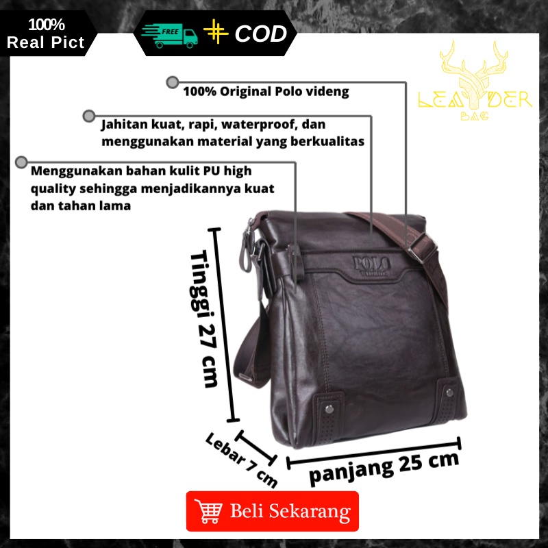 Tas Selempang Kulit Pria Model Terbaru POLO VIDENG Warna Hitam Dan Coklat Atau Tas Kulit Cowok Impor