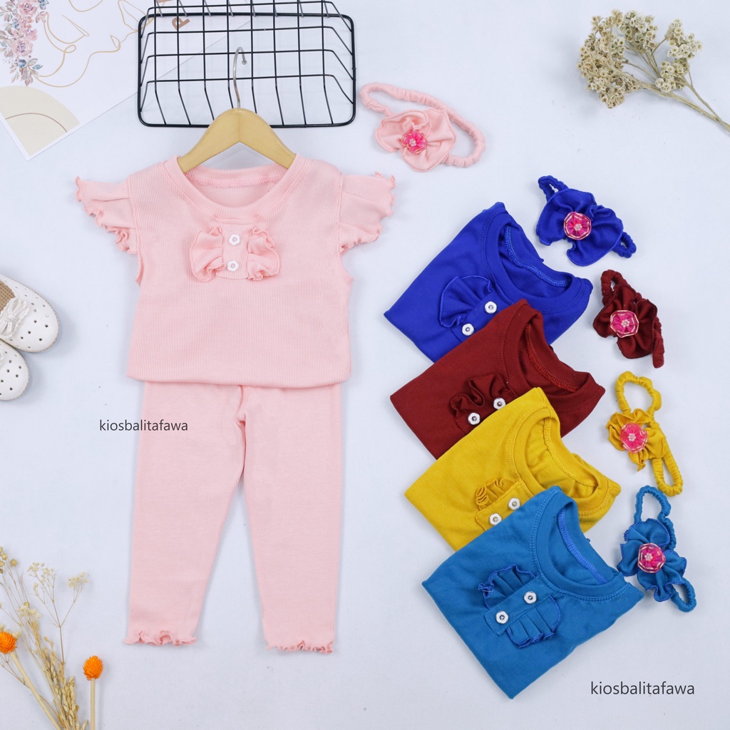 (KNIT) Setelan Cotton Rib uk 3-18 Bulan / GRATIS BANDANA Set Legging Perempuan Baju Anak Cewek Celana Panjang Polos Katun Rib Import Babycinnamon