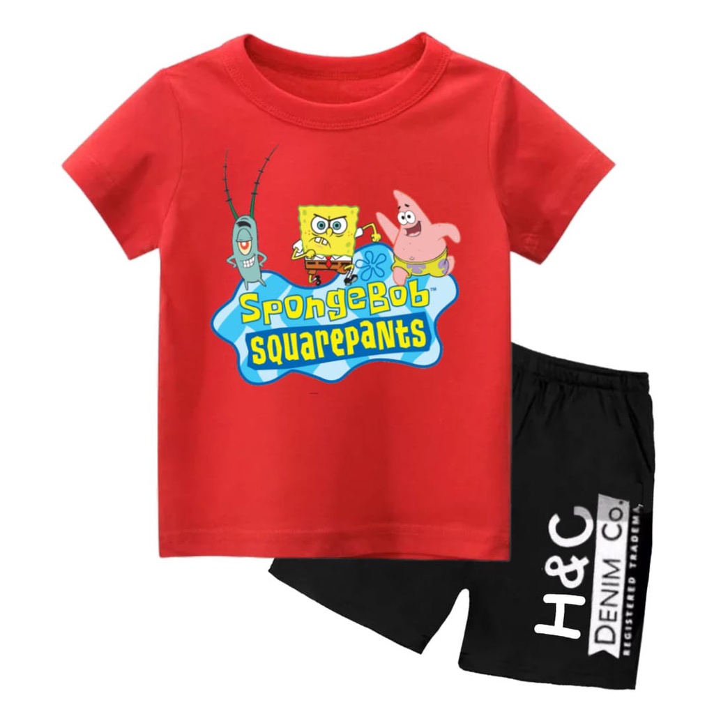 Rdkidzid Setelan Lengan Pendek Anak Cewek Set Baju Kaos Anak Perempuan Motif Spon bob DTF