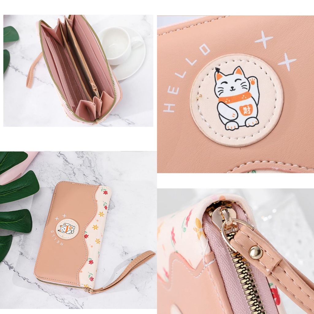 DOMPET PANJANG WANITA BRANDED PREMIUM WA606P3 KOREA IMPORT KULIT PINK KUCING LUCU LAMONE FASHION REMAJA KARTU KOIN RESLETING TALI PENDEK BATAM KEKINIAN CEWEK MURAH