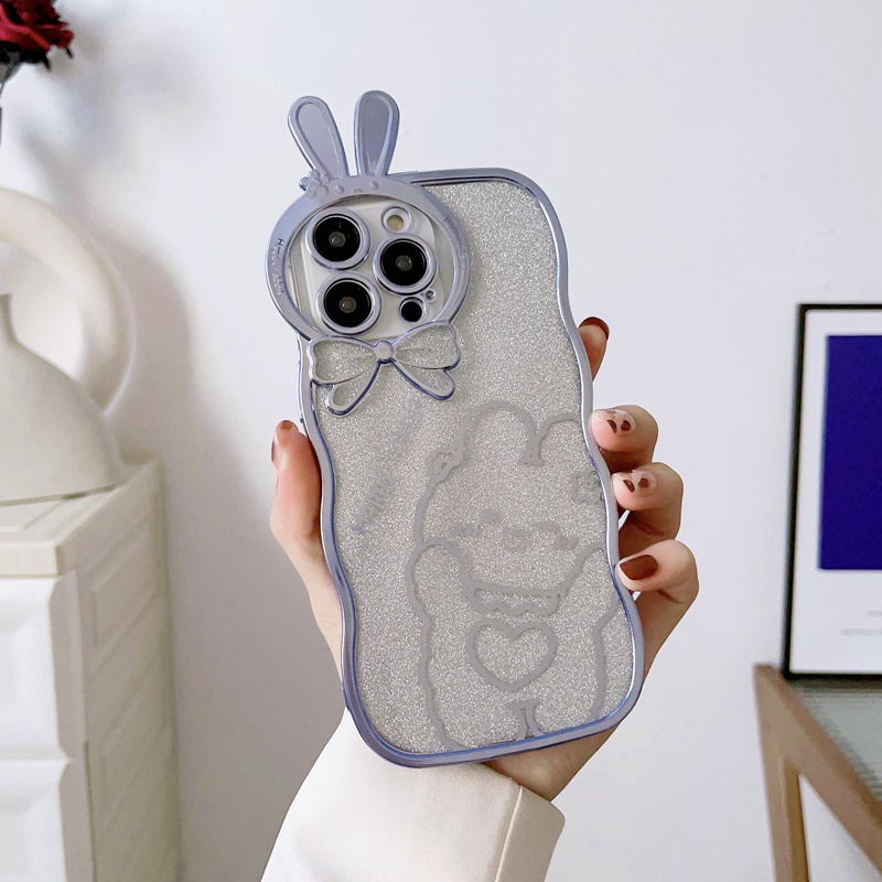 IPHONE Perak Berkilauan Desain Gelombang Besar Electroplating Lembut Silikon Bunny Case hp Untuk Iphone 14Plus Casing Iphone 11 12 13 14 Pro Max Wanita Gadis Hadiah Bumper Cover