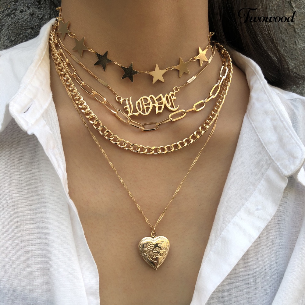 5pcs / Set Kalung Rantai Multilayer Bentuk Bintang Hati Untuk Wanita