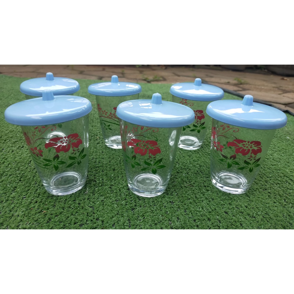 Gelas air minum motif kembang 6PCS free tutup gelas plastik