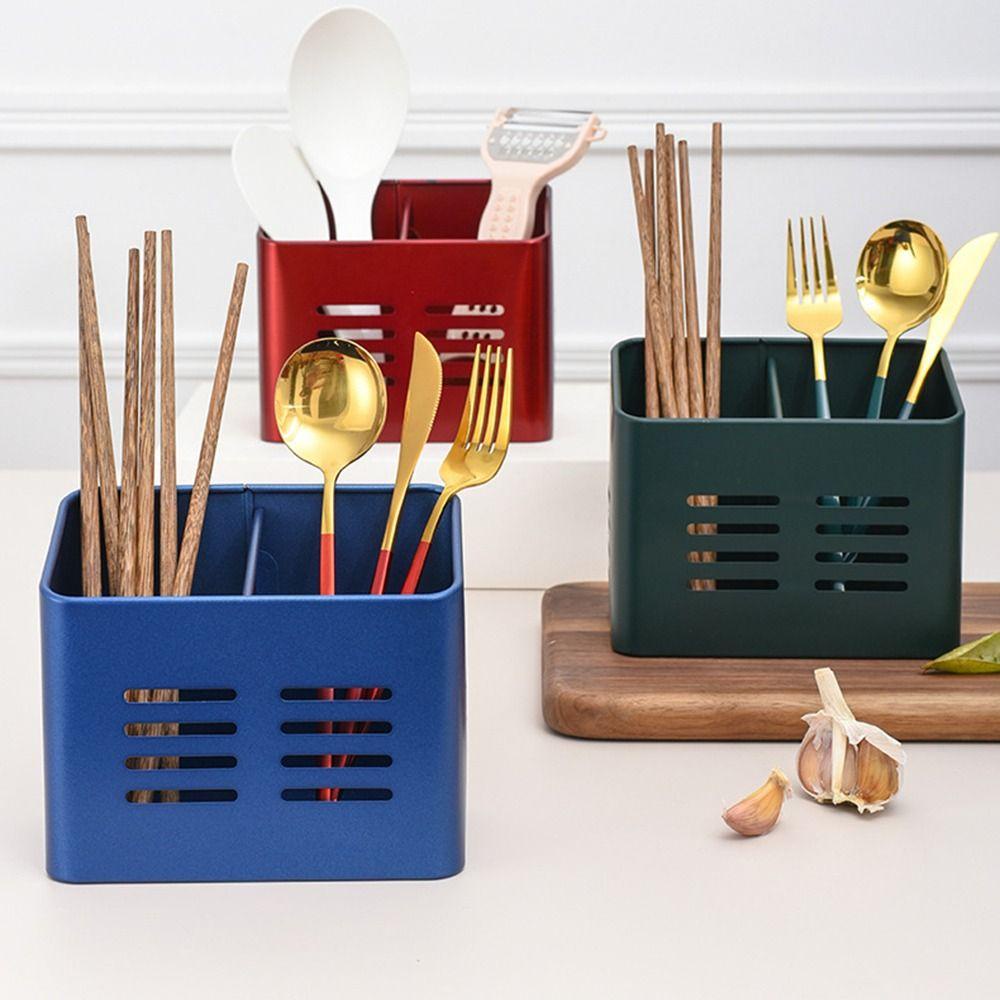 Solighter Stainless Steel Chopstick Holder High quality Tahan Lama Alat Dapur Double Grid Kotak Penyimpanan Peralatan Dapur Alat Tulis Sendok Garpu Pengering Drainer Rak