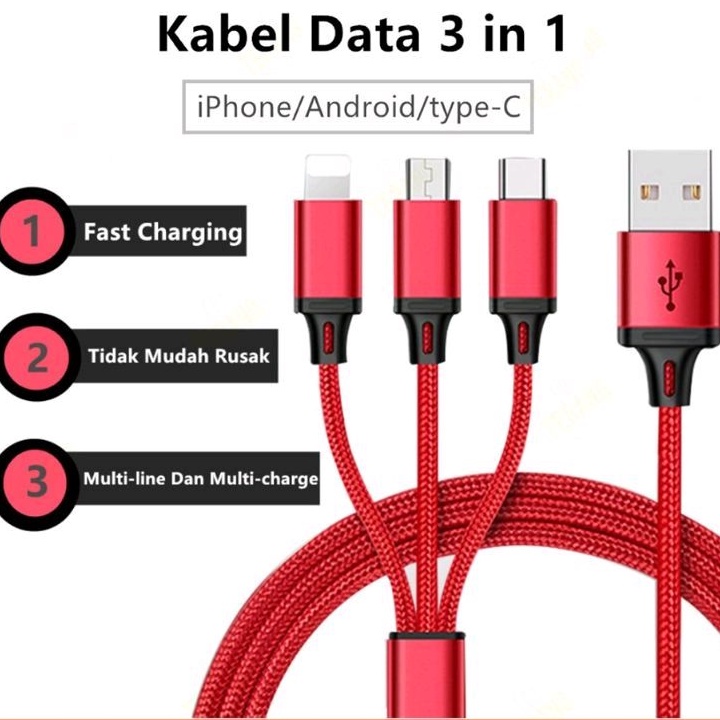 Kabel Charger 3 in 1  Kabel Data USB Charger iOS + Micro USB + Type C