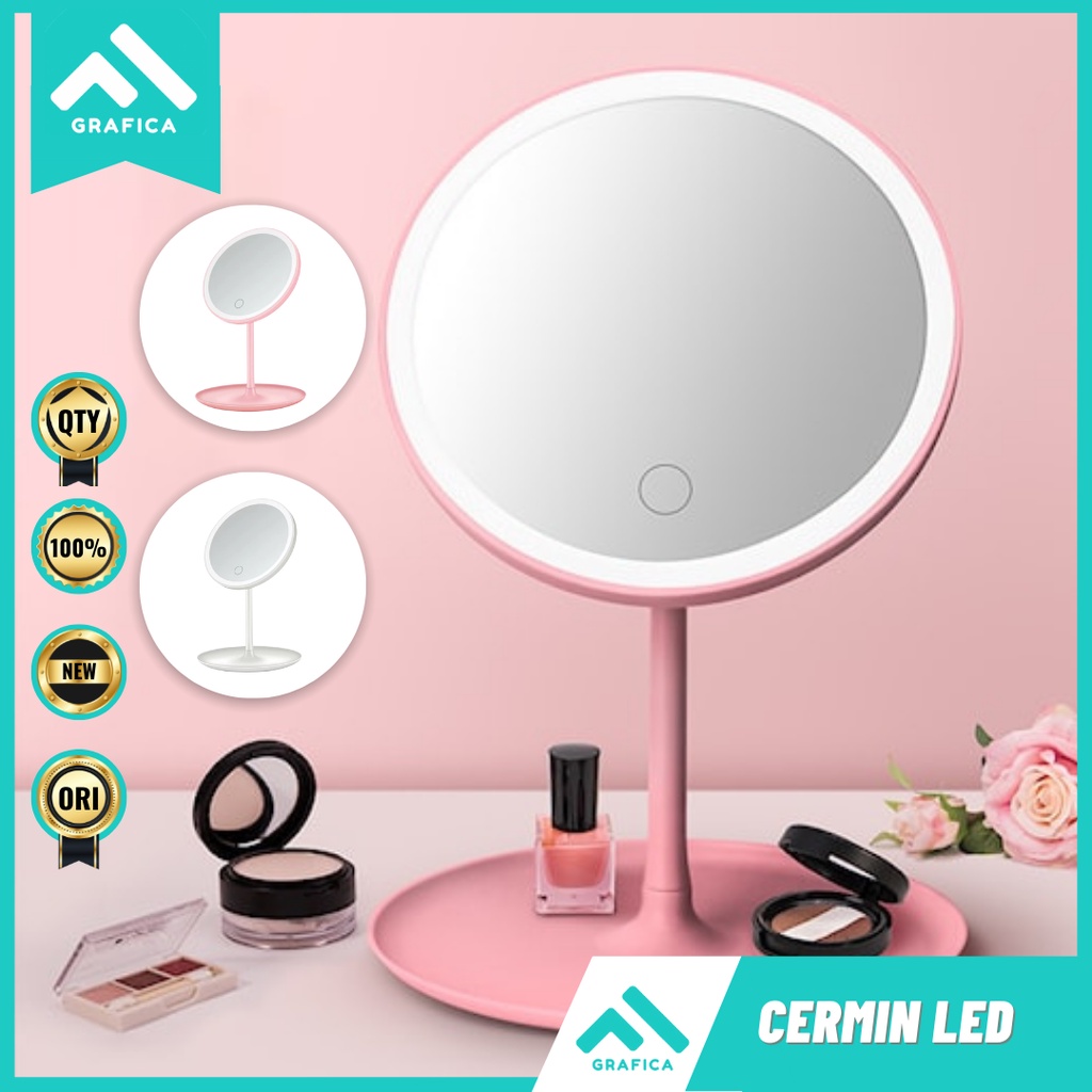 CERMIN KACA LAMPU LED RIAS MAKE UP BULAT TOUCHSCREEN FREE CHARGER MEJA RIAS MOTIF CANTIK ESTETIK POR