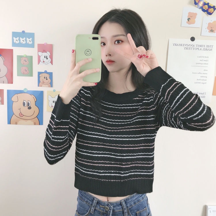 Baju Atasan Wanita Kekinian Rajut Crewneck Stripe Lengan Panjang Top