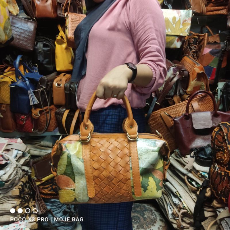 tas kulit sapi ecoprint mix anyam model speedy termurah by moje jogja