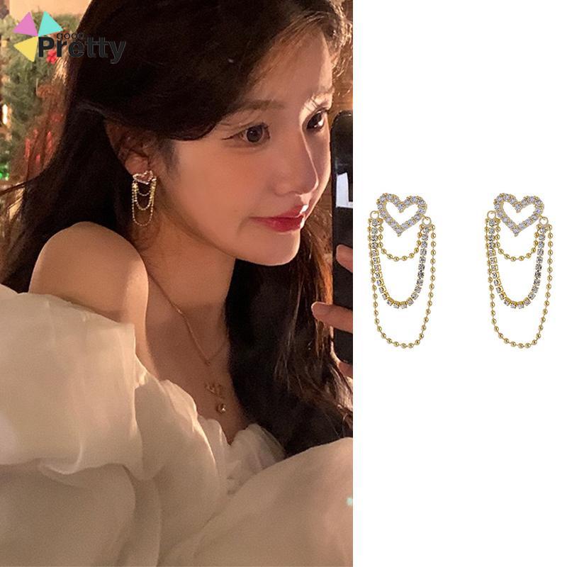 Anting rumbai Korea Rhinestone Berbentuk Hati Earrings Anting Tindik Perhiasan Wanita Fashion Murah Hadiah Perhiasan - PD