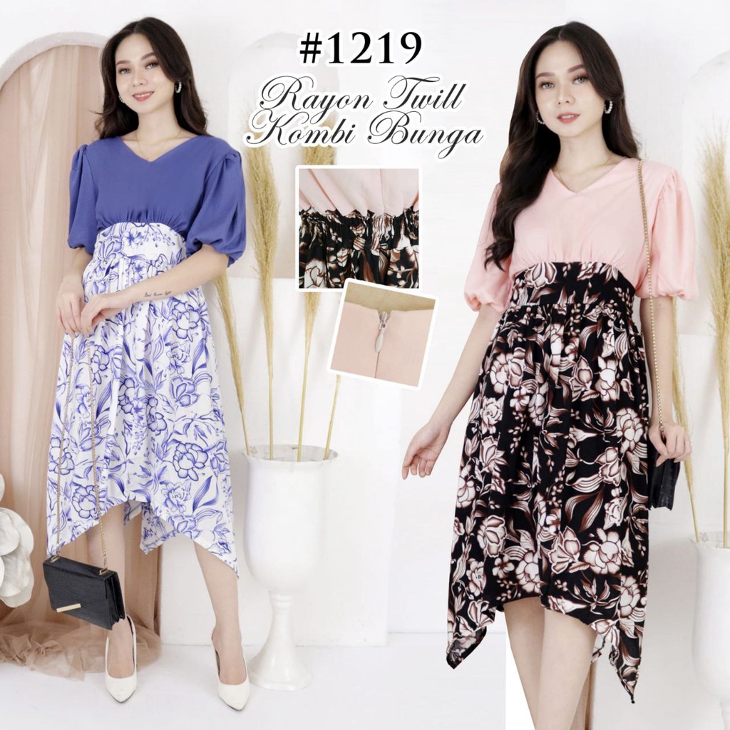 Dress 1219 Rayon Twill Kombi Bunga Fashion Wanita