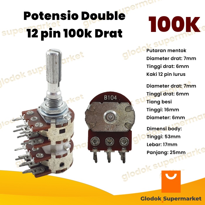 Potensio Double 12 pin 100k Potensio Tumpuk Drat kaki 4x3 6-6 104