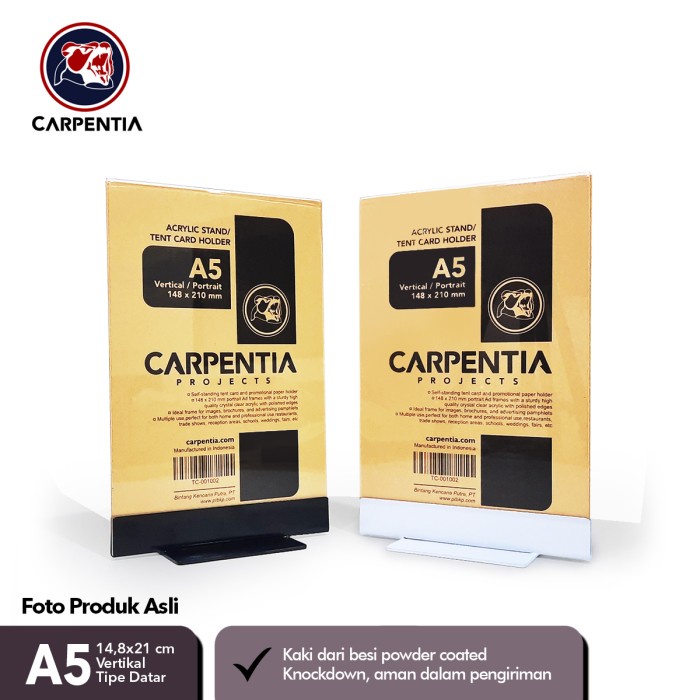 

Rak Carpentia Stand Akrilik Kaki Besi /Datar A5 Vertikal 14,8X21Cm /Holder