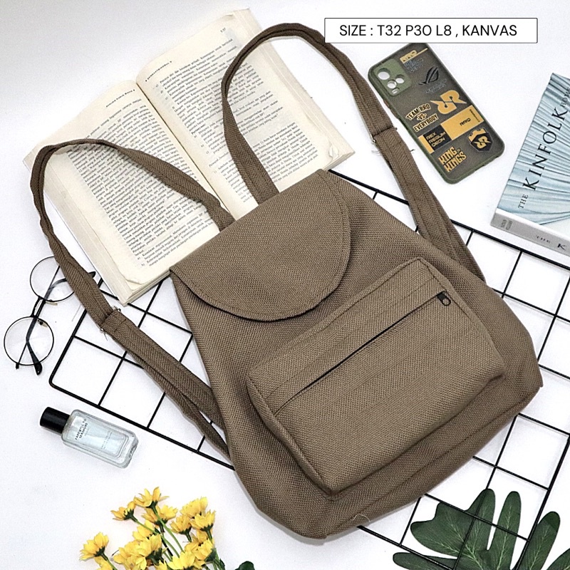 Bayar di Tempat COD Tas Ransel Serut Bahan Kanvas KANTONG Depan Ukuran Medium tas punggung wanita-Warna 711