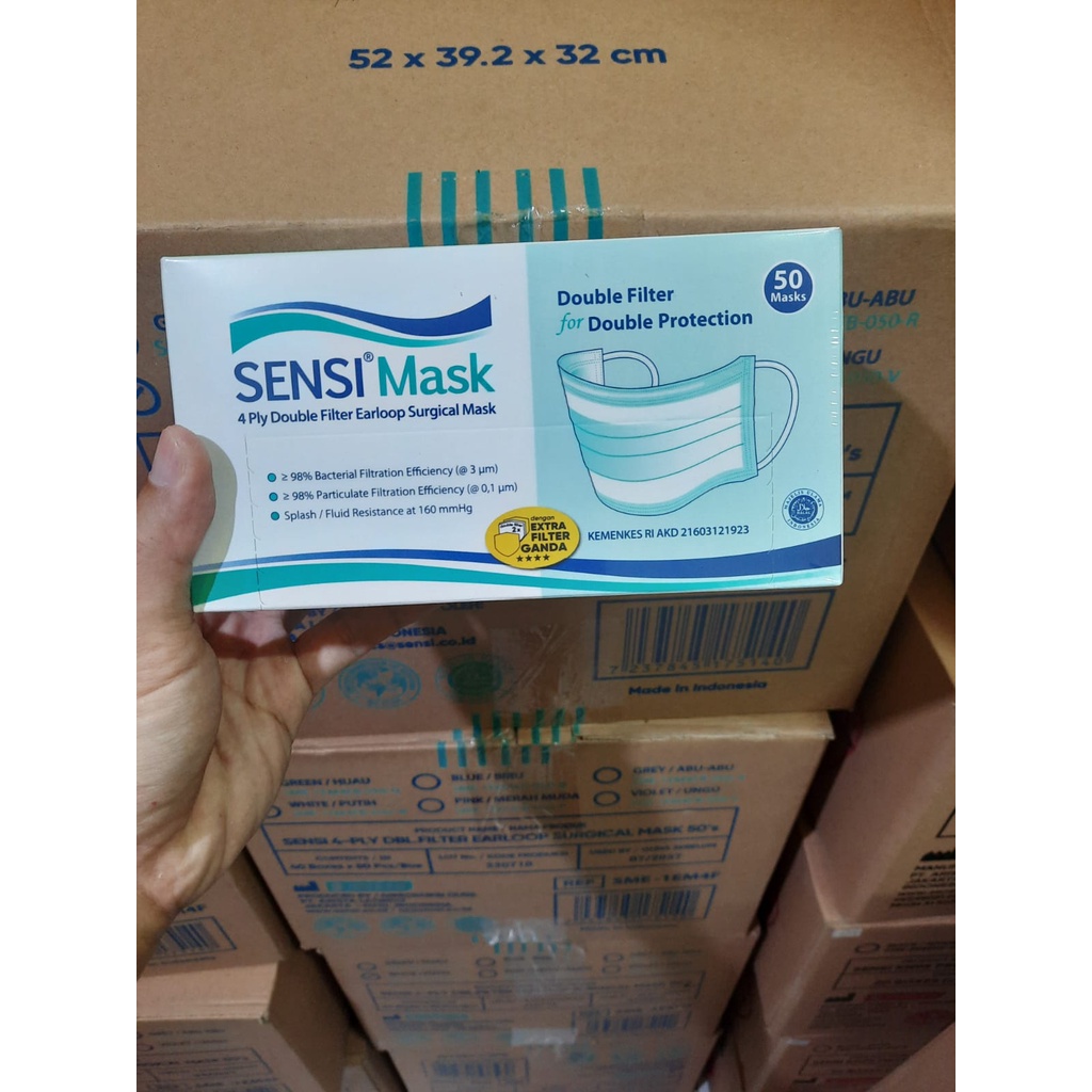 Sensi Mask 4 Ply Double Filter Earloop Surgical Face Mask Masker Sensi Earloop isi 50