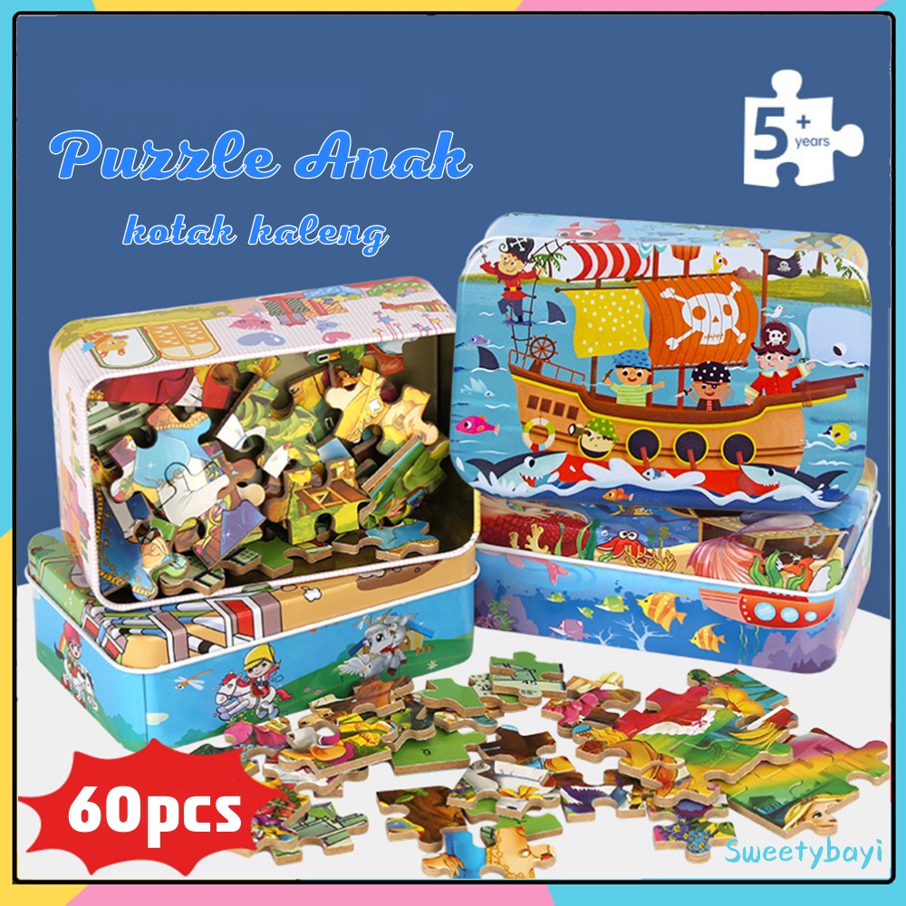 Sweetybayi Puzzle anak 60pcs Wooden toys Jigsaw puzzle kayu kotak kaleng