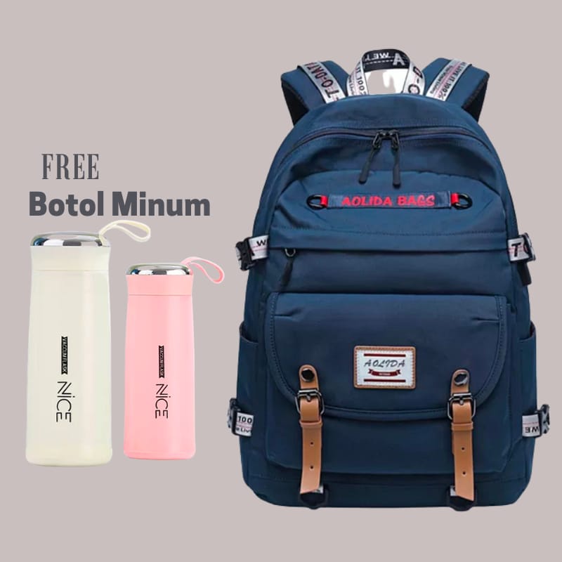Tasmurah - AOLLIDA Ransel Backpack  Tas Sekolah Wanita / Terbaru Populer 2022 Tas Sekolah Wanita Versi Korea Ransel Siswa Sekolah Menengah Pertama Sekolah Dasar Dalam Ransel Jepang Ransel Korea Murah Tas Punggung Perempuan Dewasa Sederhana-Navy Free Botol