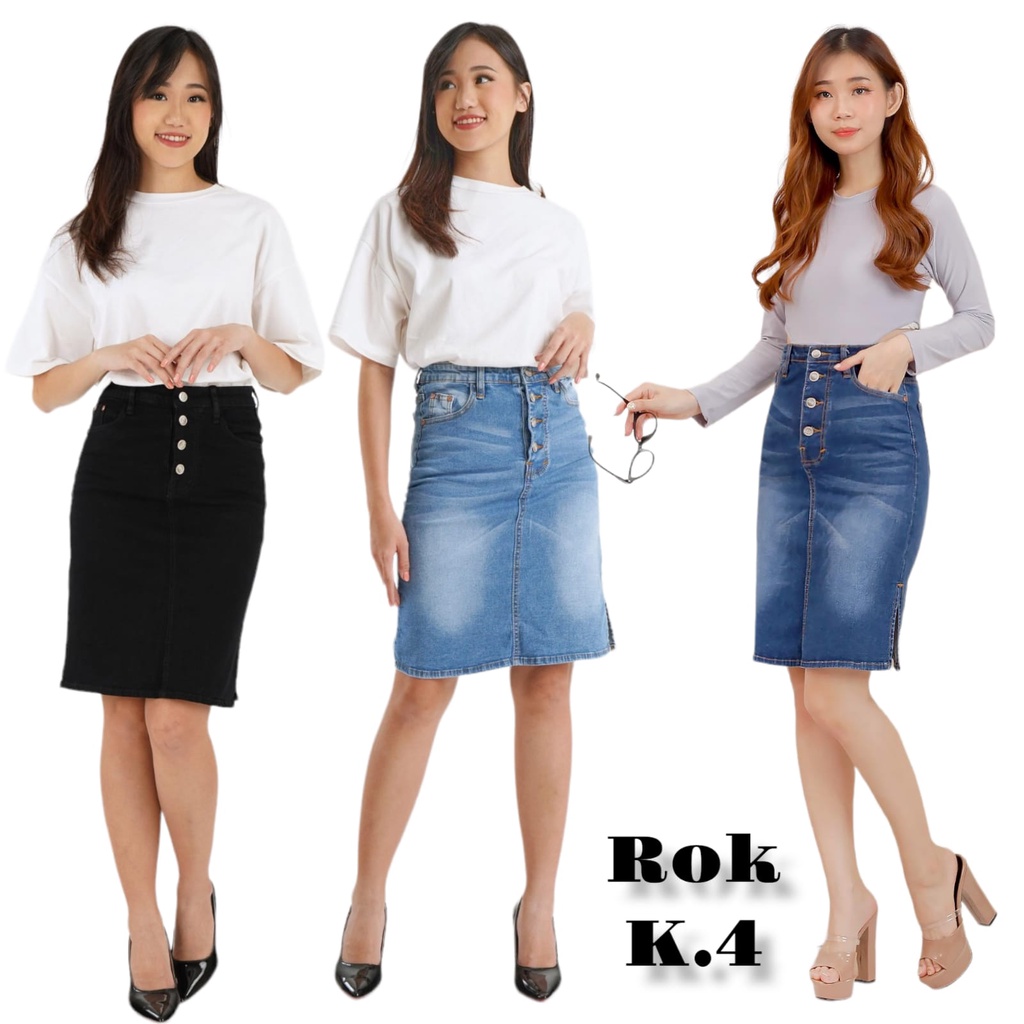 090719 Rok Jeans Wanita Span Kancing / Rok Jeans Wanita Rok Jeans Pendek 3/4 Rok Span Belah Samping 